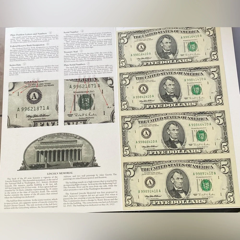 US MINT 1995 UNCUT 5$ BILLS - Picture 9 of 10